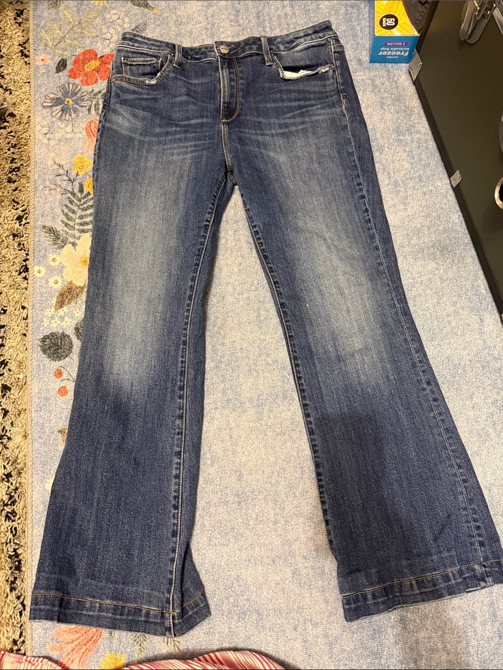 DRIFTWOOD Dark Blue Flare Jeans - Distressed Mid Wash Wide Leg